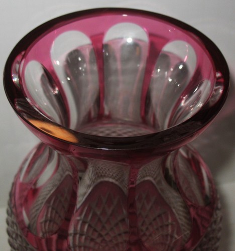 Heavy Lead Crystal Cranberry Flash Cut to Clear 10" Vase HBlown Polished Pontil - Picture 4 of 6
