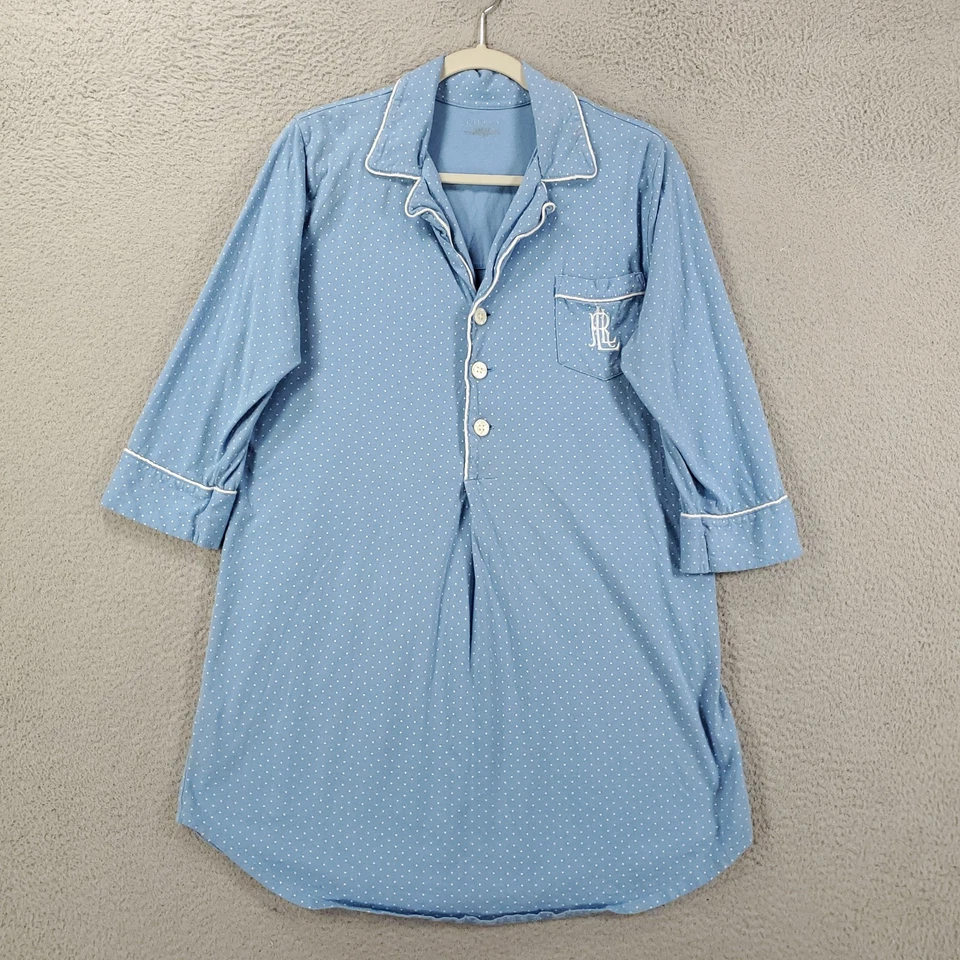 Camisa para dormir Lauren Ralph Lauren para mujer grande azul algodón tejido vestido lunares LRL Foto 2 de 4