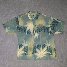 Tommy Bahama Mens XL Silk Camp Shirt Green Yellow Leaf Geometric Tropical