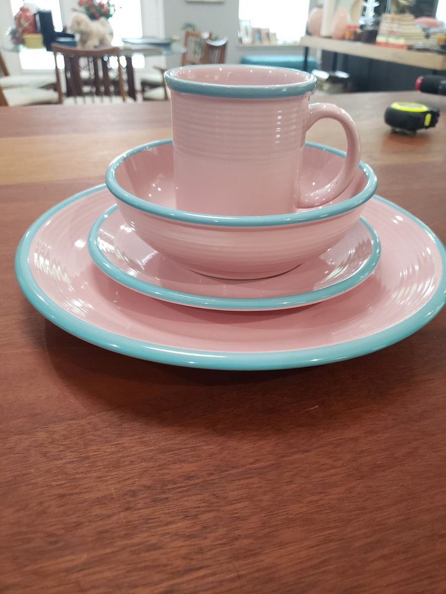 COMPLETE SETS of Vintage Century RIO Pink Stoneware Teal Rim  Mugs/Plates/Bowls