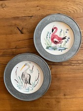 Vintage Italian German pottery flamingo + heron bird wall plates HAND GEMALT