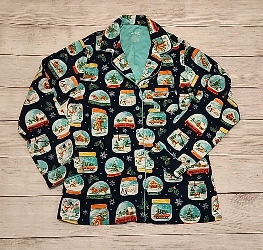 Conjunto de pijama Nick & Nora feminino tamanho S globo de neve macaco de férias 2 peças flanela - Imagem 2 de 4