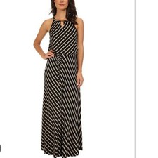 Calvin Klein Size L Black and White Diagonal Stripe Maxi Dress