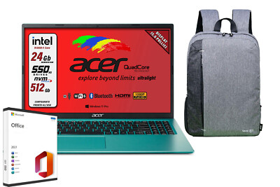 Acer Notebook Intel n6000 4 Core, Ram da 24 Gb Ddr4, SSD M.2 PCi 256 Gb, Display Full HD da 15,6