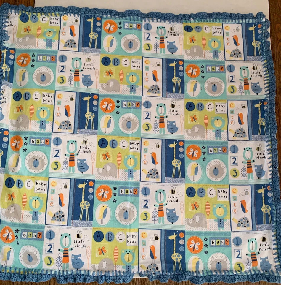 Manta bebé franela niños animales letras y números ganchillo borde azul 43 x39 Foto 4 de 4