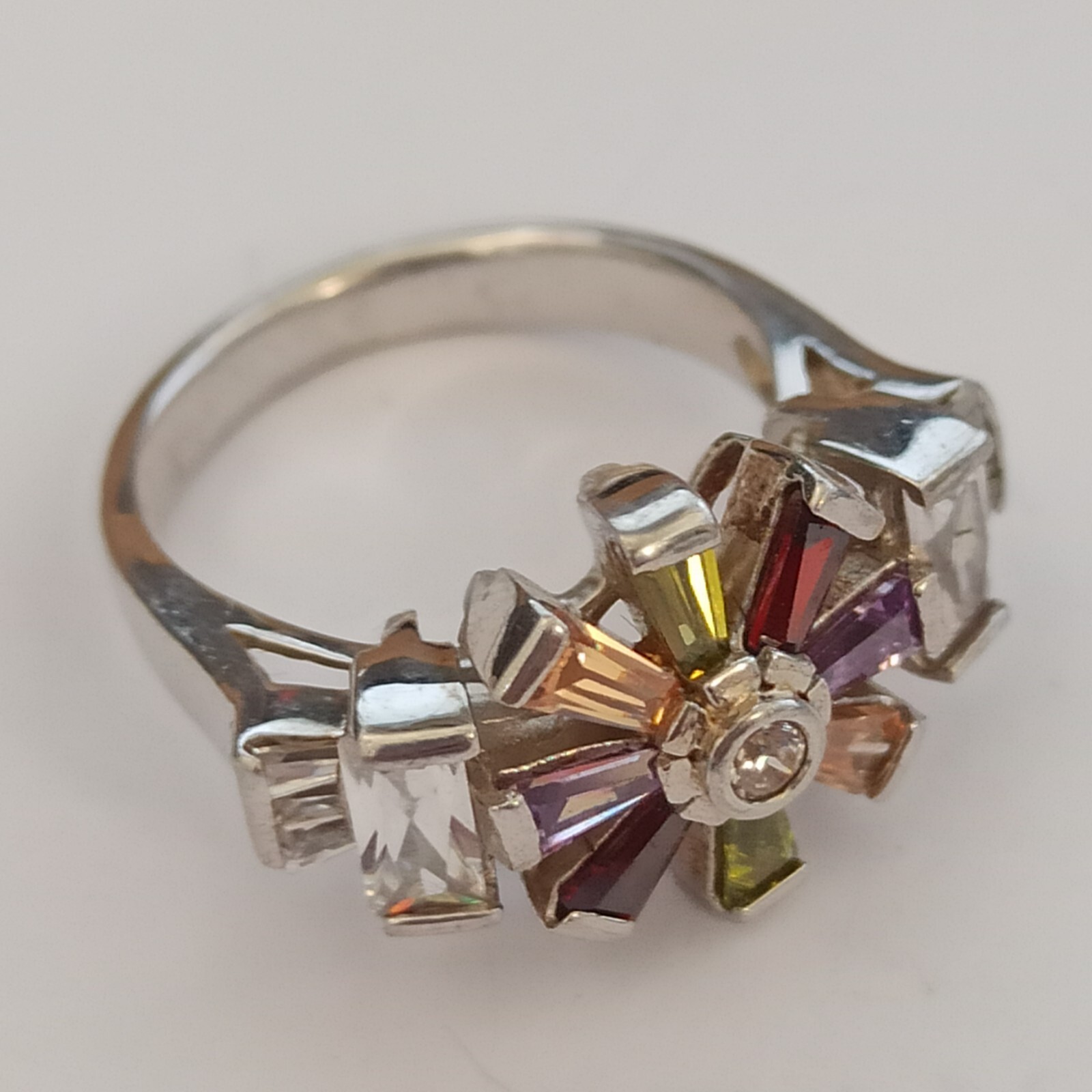 Silver Ring Multicolor Flower Crystals Stone Vint… - image 6