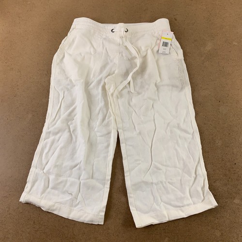 Per Se Women's Medium White Linen Blend Drawstring Straight Leg Capri Pants NWT