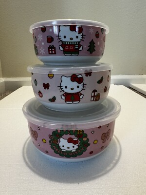 Hello Kitty Christmas Ceramic Bowl With Vented Lids Set Of 3