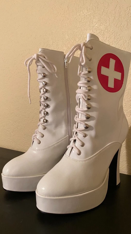 Sexy Botas de Enfermera Ellie Blancas - 5 1/2" Tacones Gruesos - Tallas 11, 12 y 14 - ¡NUEVAS! Foto 2 de 4