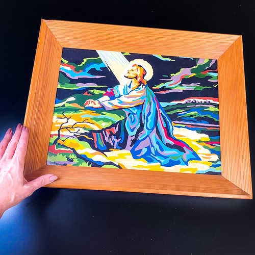 Quadro vintage completo dipinto per numero PBN Gesù colori brillanti cornice legno - Foto 4 di 7