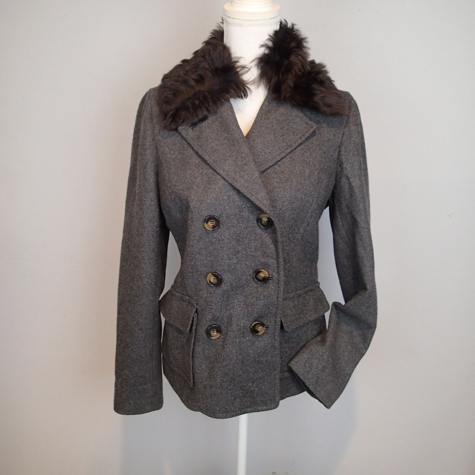 Tory Burch Lana bl rimovibile pelliccia agnello rivestimento cappotto pea cappotto giacca antracite blazer