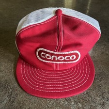 Vintage Conoco Snapback Hat Sport Cap Red and White Trucker Hat Mesh Back EUC