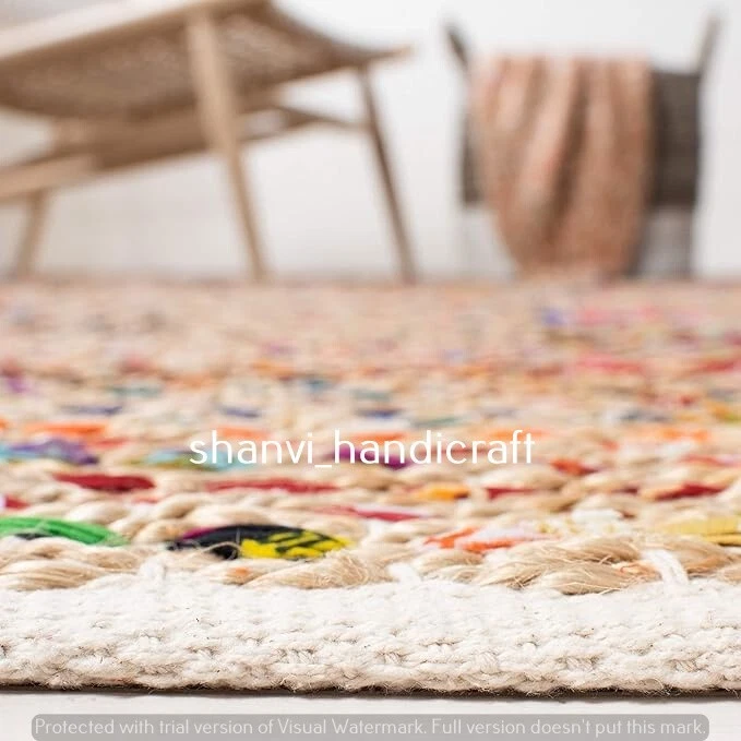 Rugs carpet Jute Cotton Mix Bohemian Area Rug Modern Braided Non Slip Carpet Mat - Image 3 of 4