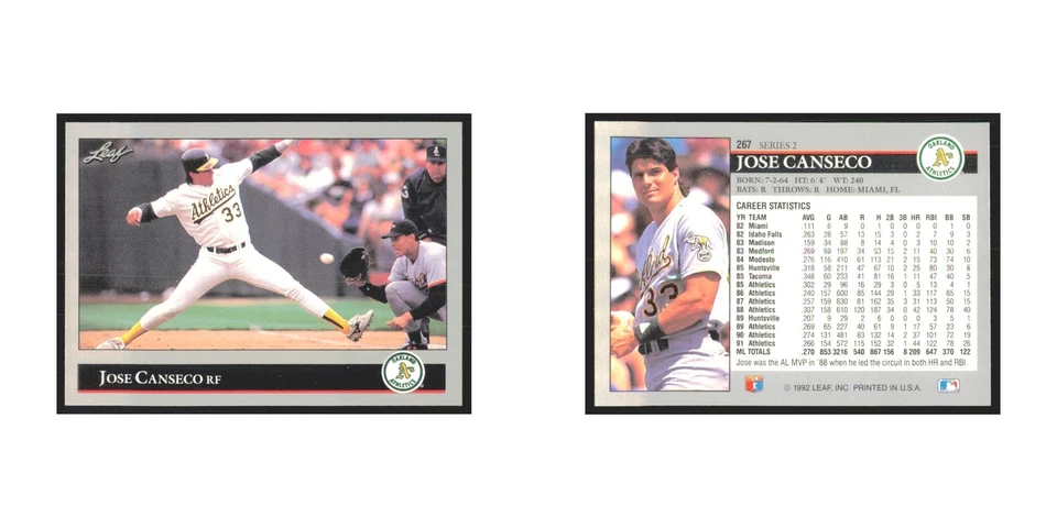 1992 Leaf Jose Canseco Athletics #267 - Image 3 of 3