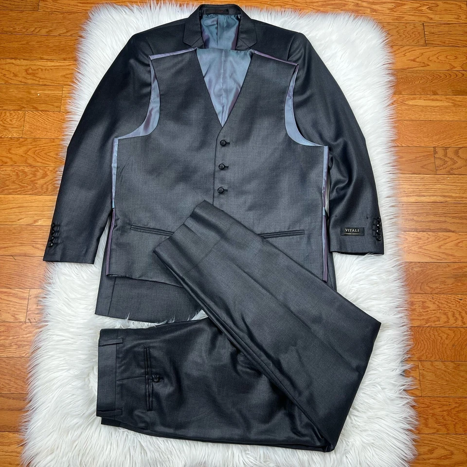 Vitali Men 3PC Suit 38R Pants 32x30 Vest Charcoal Sheen Soft Fabric Unhemmed - Image 2 of 4