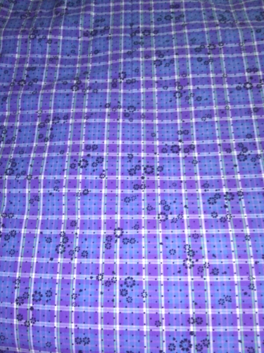 Vintage Purple Blue Plaid Black Flocked Flowers Dots Fabric~By The Yard 58" W