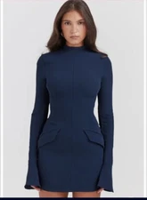 Sexy Navy Blue Mock Neck Solid Bodycon Pencil Mini Dress Stretch Slim Size S