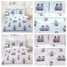 Reversible Cute Starry Winter Penguins Duvet Cover Bedding Set - BLUE OR PINK