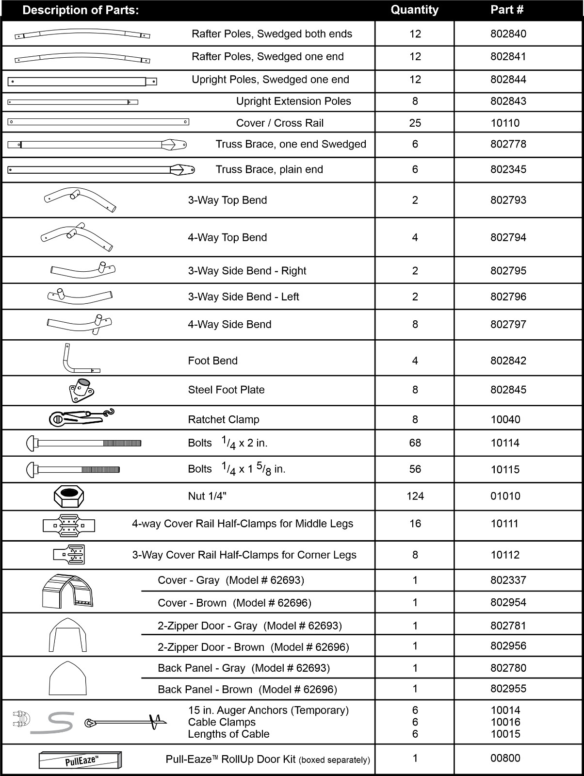 ShelterLogic 13  x 20  x 12  Garage in a Box Model 62693 or 62696 Parts
