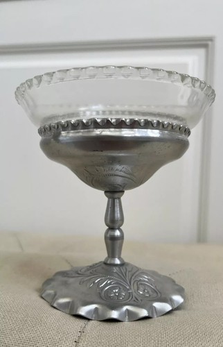 Vintage Embossed Aluminum Pedestal Compote With Glass Bowl Candy Dish - Picture 6 of 16