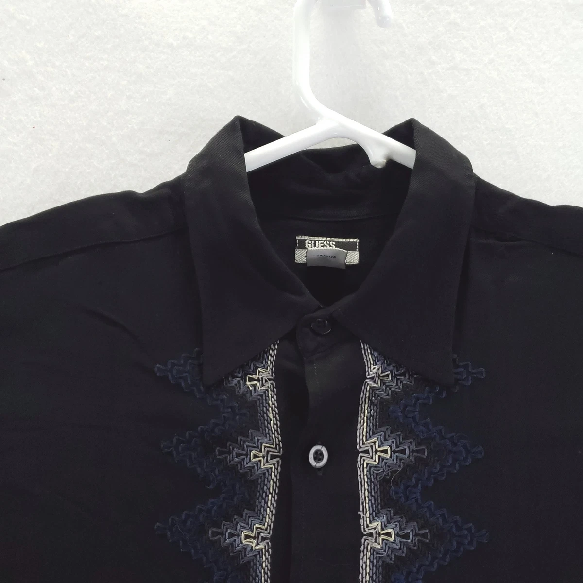 Camisa Guess Jeans Para Hombre Grande Negra Geométrica Bordada Rayón Manga Larga