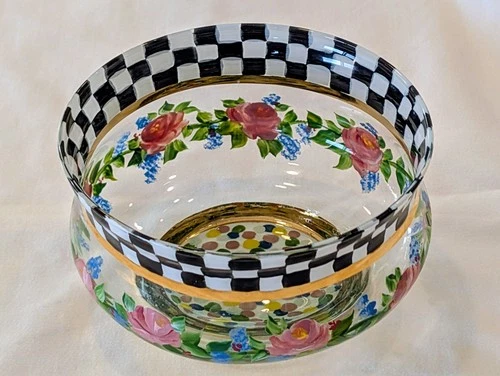 Mackenzie-Childs Vintage 1983 Retired Circus Checkered Roses Glass 4" Bowl