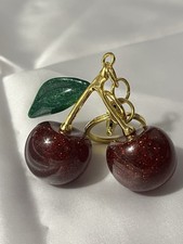 Dark Red Glitter Cherry Charm/Keychain Gold Tone Metal