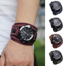 Wide Leather Watch Cuff Band Brown Wrist Black Strap Punk Retro Quartz Mens New.