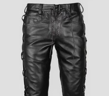 Men's Genuine Leather Biker Pants Black Motorcycle Trousers Front Side Lace Up