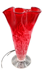 MURANO-style Hand-blown Glass Vase Red White Dramatic Ruffled Swirl Handkerchief