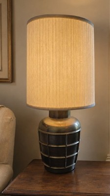 Vintage Brass Tone Caged Urn Table Lamp Pleated Drum Shade MCM Decor