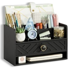 Black Wood Desk Organizer and Accessories with Drawer, Bill Mail Organizer an...