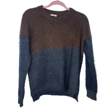 Wrap London Mohair Merino Crewneck Sweater Color Size 4 Blue Brown Gold Soft