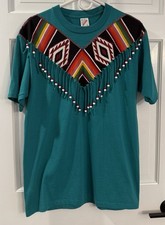 Vintage 80s 90s Jerzees Southwestern Fringe Beaded T Shirt USA Made Large