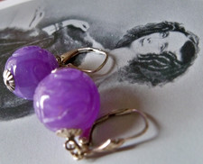 Chinese Lavender jadeite Jade Carved Shou pendant Earrings happy DROP sterling