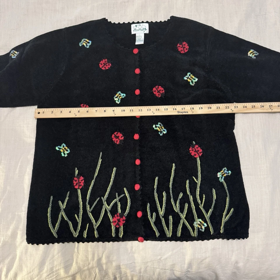 VTG Women’s Chenille Large Black Cardigan Embroidery Sequin Ladybug Cottagecore - Image 3 of 4