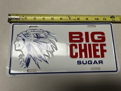 Vintage Big Chief Michigan Sugar License Plate Advertising Indian Chief Headress
