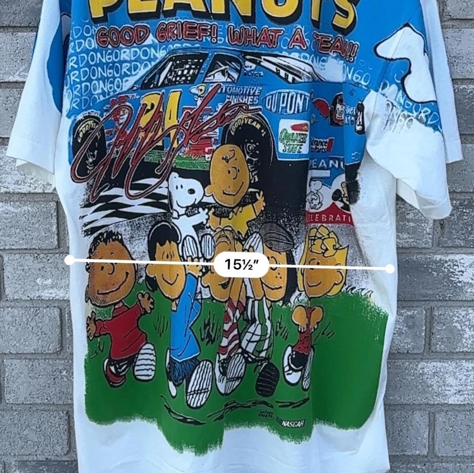Camisa XL vintage 1996 Snoopy Peanuts Jeff Gordon NASCAR AOP puntada única para hombre Foto 3 de 4