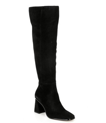 NEW Gianni Bini Suede Tall Square Toe Block Heel Boots Women Black Knee High 5.5
