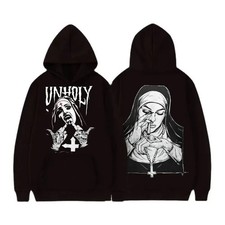 Unholy Nun Graphic Hoodie   Streetwear Pullover, Dark Aesthetic Grunge Oversized