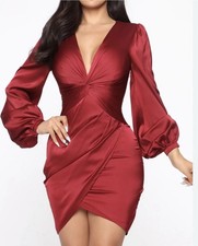 Fashion Nova Satin Wrap Dress- Wine Red - Size M - Long Sleeve, Deep V - Neck