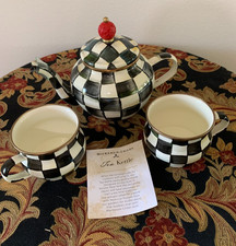 MacKenzie-Childs Courtly Check 4-Cup Teapot With Two Cups- New MC Gift Box