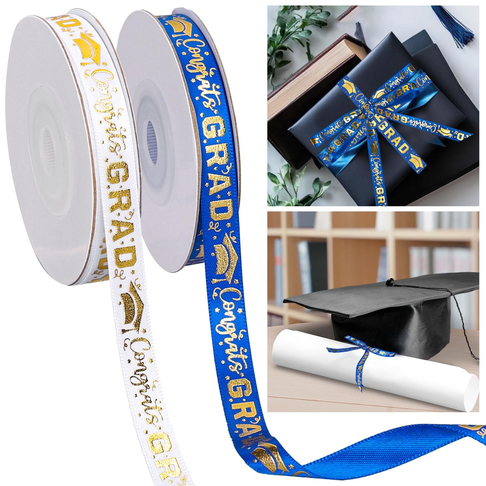 2 Rolls Graduation Ribbon Congrats Grad Gold Satin Ribbon Bl