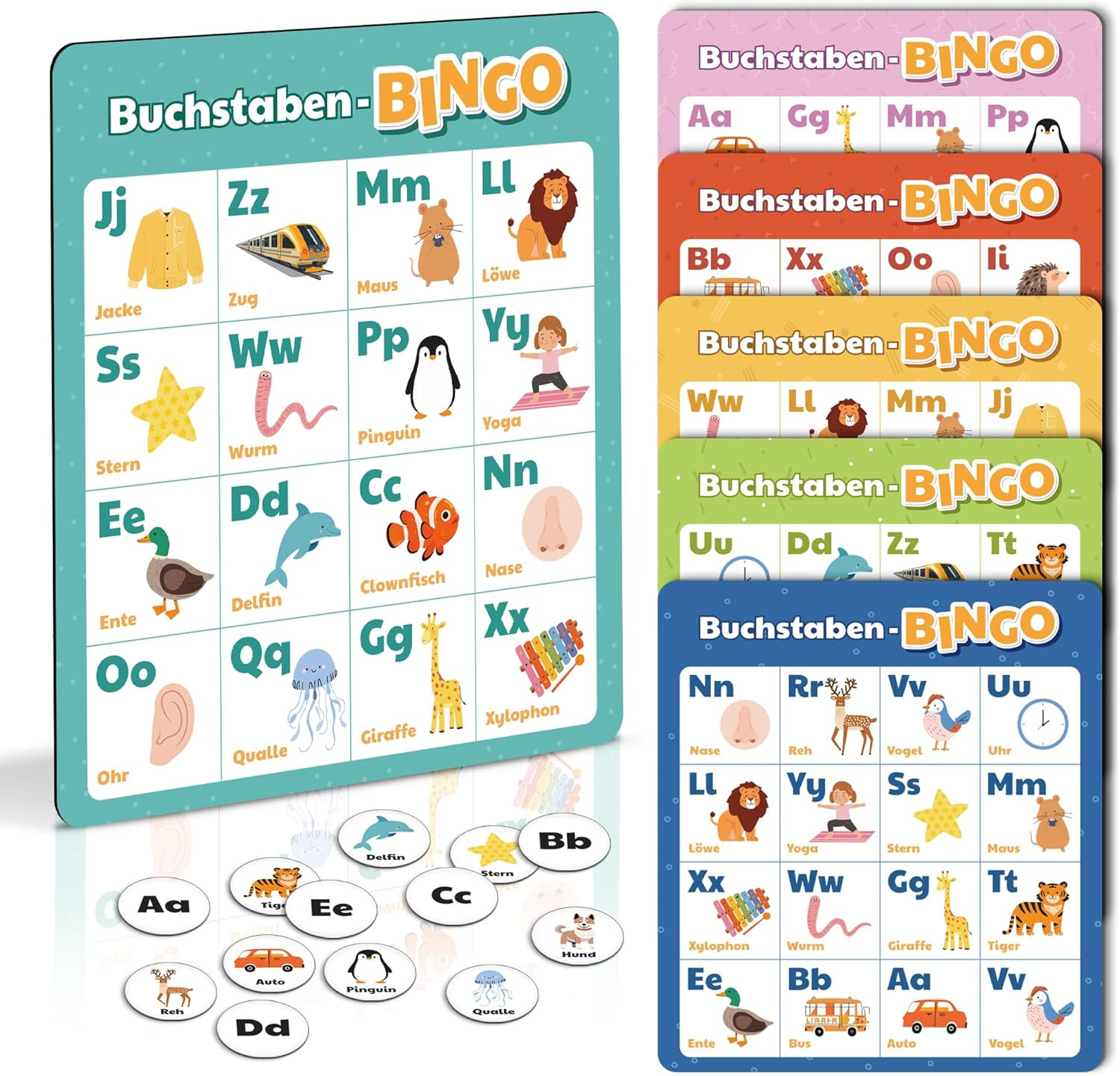 ABC Bingo Spiel Kinder ab 4 5 6 Jahre - Buchstaben Lernspiel für Schulanfänger -