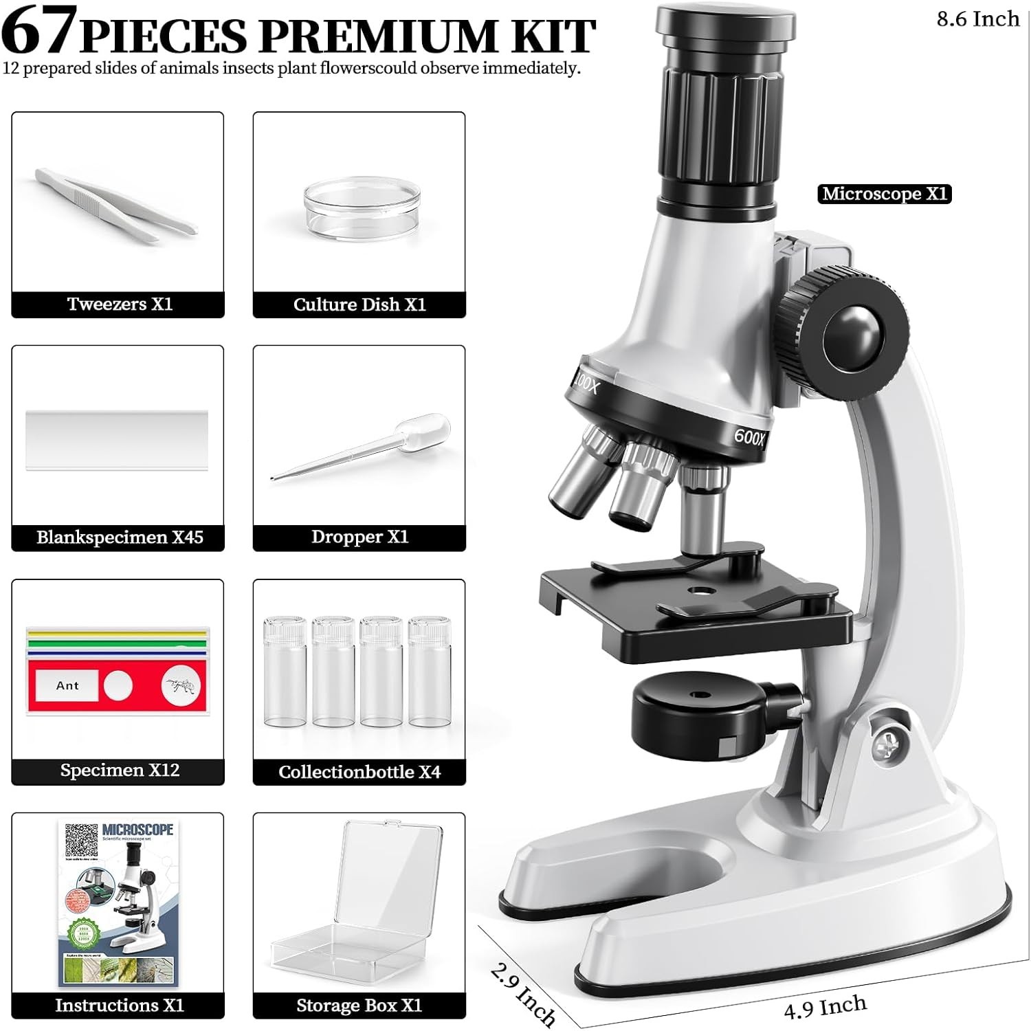 65 Pieces Microscope Kit for Kids Ages 5-7 8-13, 100X-1200X Magnification with 7