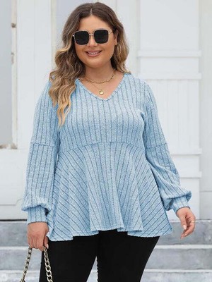 Plus Size Women Ribbed V-Neck Long Sleeve Blouse
