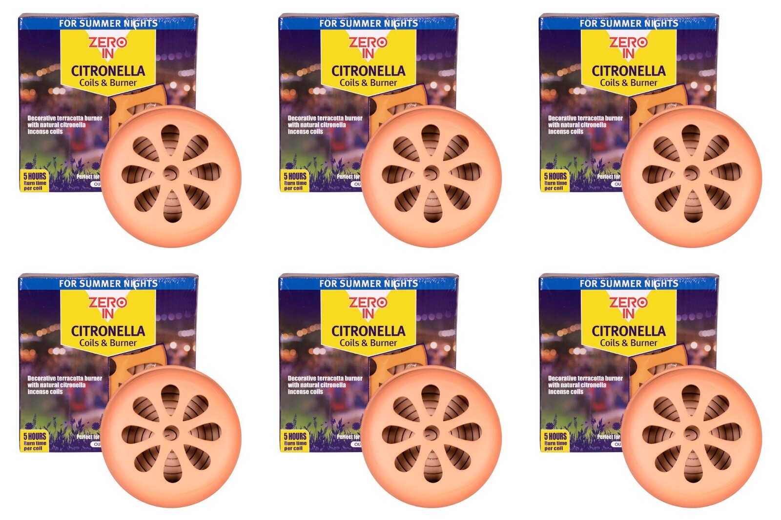 6x Zero In Citronella Terracotta Outdoor Garden BBQ Patio Burner and 6 Coil Pack