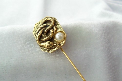 Vintage Faux Pearl Accent Coiled Snake Stick Pin Gold Tone - Picture 4 of 5