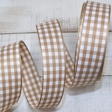 10yds Beige Khaki Brown and White Gingham Ribbon 7/8" Wide
