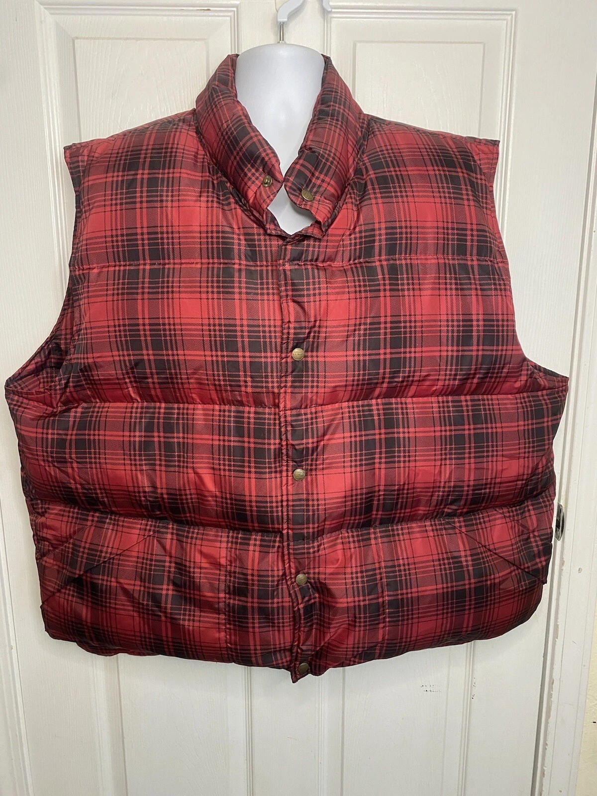 LL Bean Mens XXL TALL Goose Down Puffer Vest Red Plaid Outdoors Packable